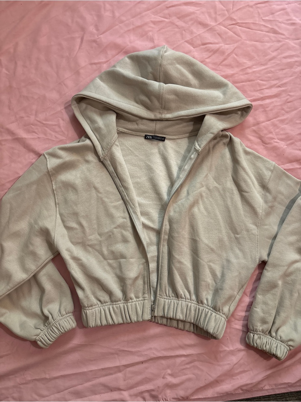 ZARA Light Beige Zip-Up Hoodie with Hood